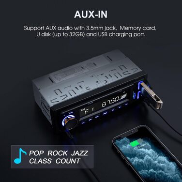 Автомагнітола Bluetooth 5.0 Avylet, 1 DIN, FM, 2 USB, AUX, MP3, 7 кольорів, підтримка карт пам'яті, гучний зв'язок