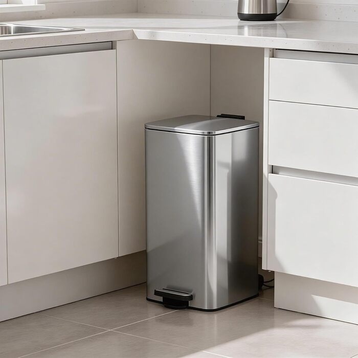Сміттєвий відро Harbour Housewares на 30л з педаллю, квадратне, нержавіюча сталь (сріблястий/чорний) для кухні
