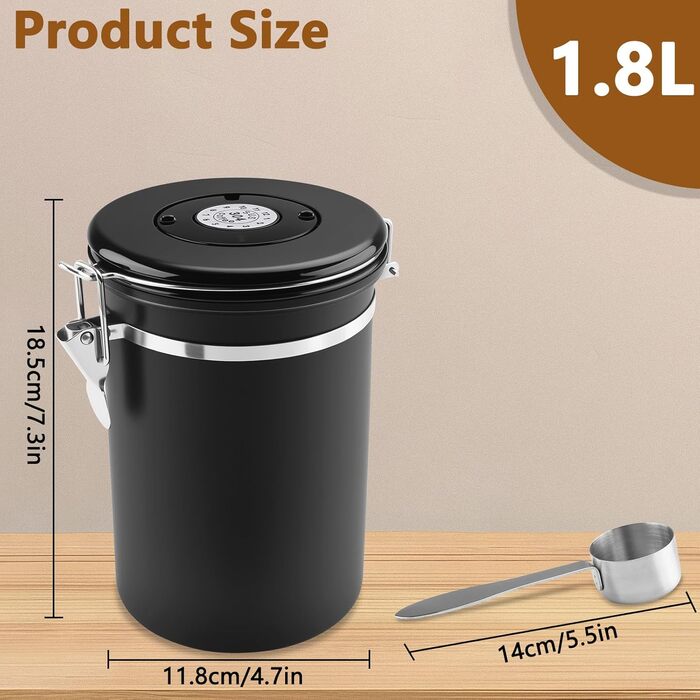Герметичний контейнер для кави з нержавіючої сталі 304, 1,8 л, з ложкою та індикатором свіжості. Підходить для кави, чаю, горіхів, какао. Чорний колір.