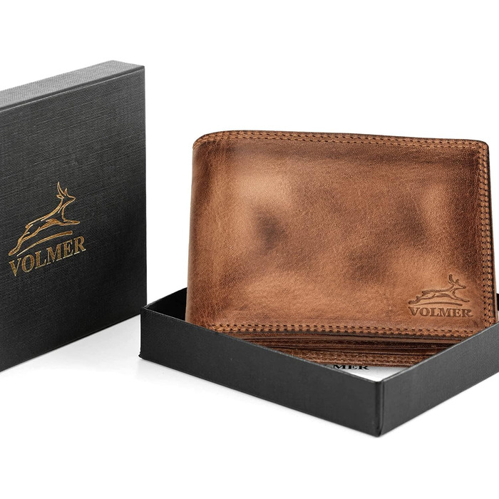 Fa.Volmer® Leather Wallet for Men with RFID Protection | Extra-Stable Double Stitch | 9 Card Slots | Landscape Format | VO11 RFID Various Colors (02 brown (+RFID))