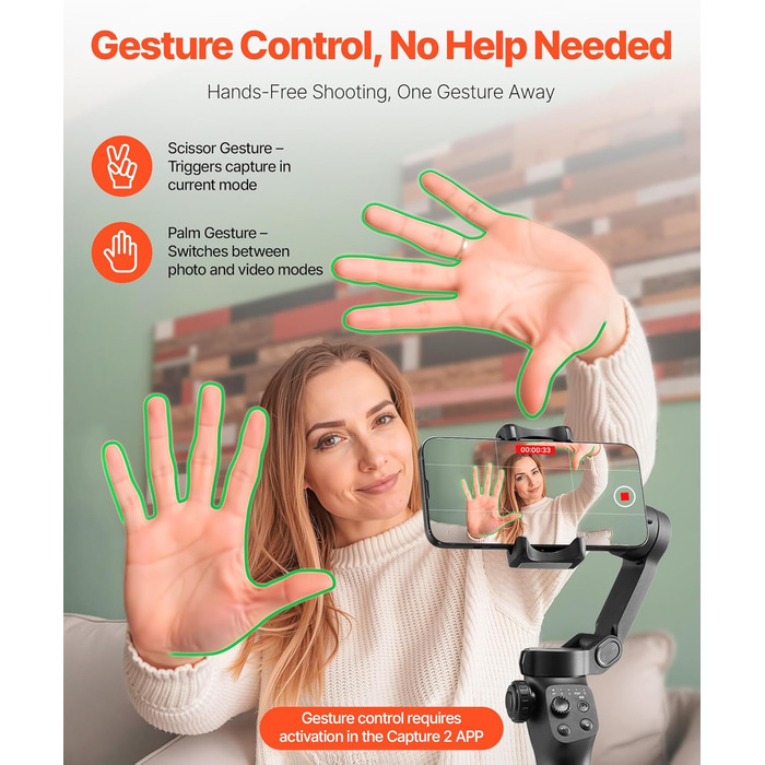 Стабілізатор для смартфона VEVOR з 3-осьовою стабілізацією, трекінг облич/об'єктів, штатив, портативний та складаний, для відеозйомки, DC 3,5–4,2V, без підсвічування, підтримка додатків