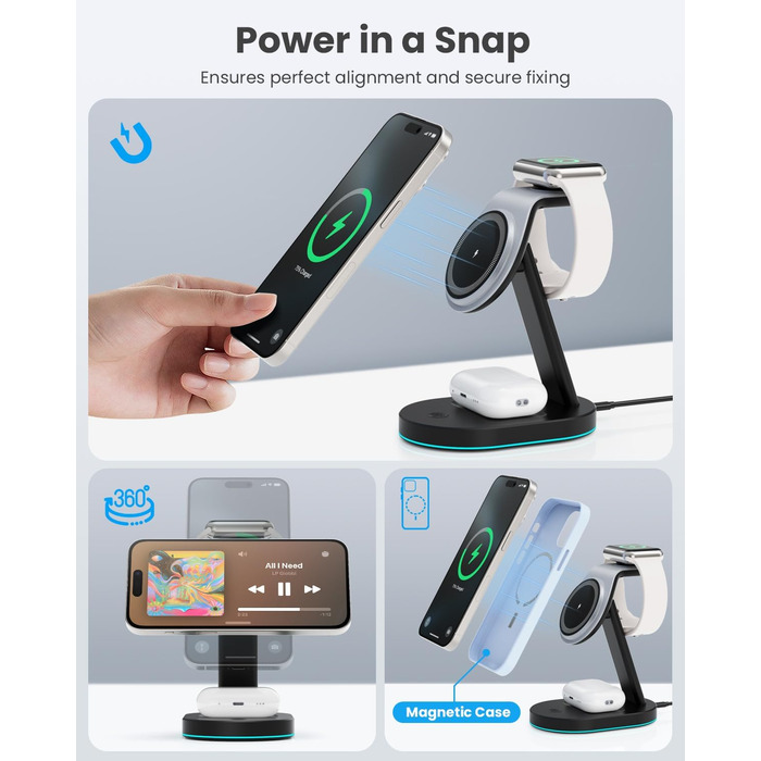 Бездротова зарядка 3-в-1 з MagSafe, USB-C та нічником для iPhone 16/15/14/13/12, Apple Watch та AirPods, A-Schwarz