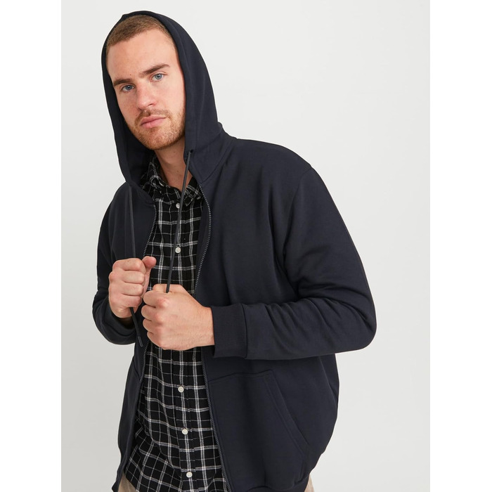 Чоловіча однотонна толстовка з капюшоном на блискавці Jack & Jones Zip Hoodie, чорна, розмір 4XL