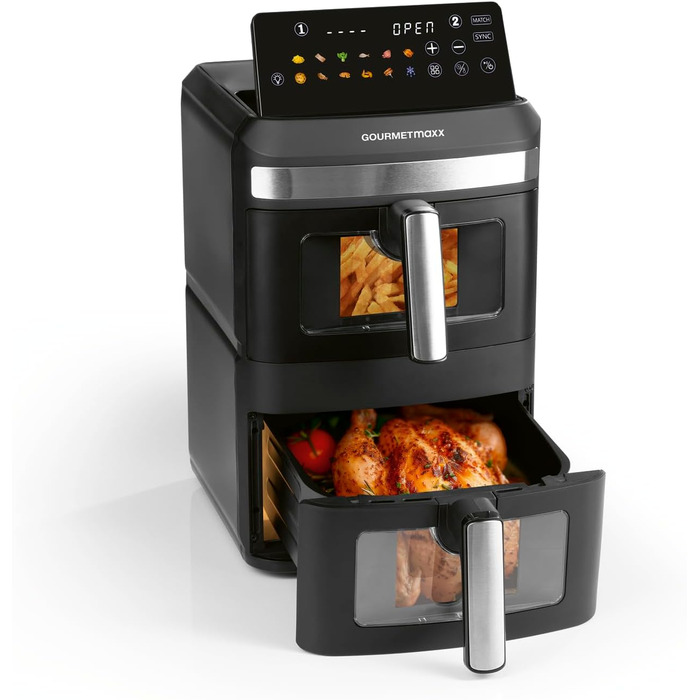 Фритюрниця повітряна Gourmetmaxx AirGenius 9 л (2 x 4,5 л) з 8 програмами | 2 камери для приготування 2 страв одночасно | Сенсорний дисплей | Для 8 осіб