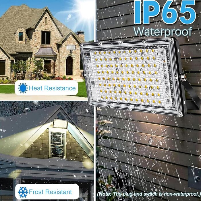 100W LED Floodlight, Plug-in LED Floodlight, 2 Pieces 10000 Lumen LED Floodlight 3000K Warm White Outdoor Floodlight with IP65 Waterproof for Bright Garden Garage Sports Field