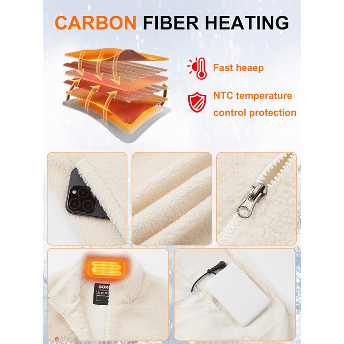 Жіноча флісова електрична жилетка Gokozy з 11 зонами обігріву та акумулятором 7.4V, Sherpa, тепла та затишна жилетка для осені та зими, колір Off-White