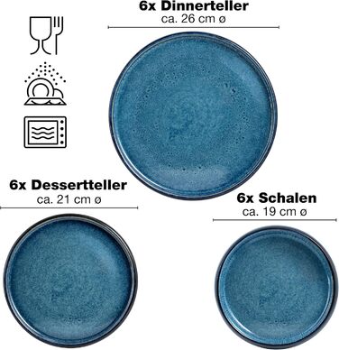 Набір посуду Moritz & Moritz SOLID 18 предметів з порцеляни для 6 осіб - 6 тарілок для вечері, 6 невеликих тарілок, 6 глибоких тарілок, блакитний набір посуду
