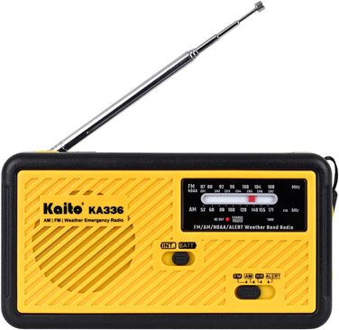 Радіо Kaito Voyager ECO KA336: AM/FM, NOAA, сонячна панель, ручне заряджання, LED-ліхтарик, USB-зарядка для телефону, жовтий