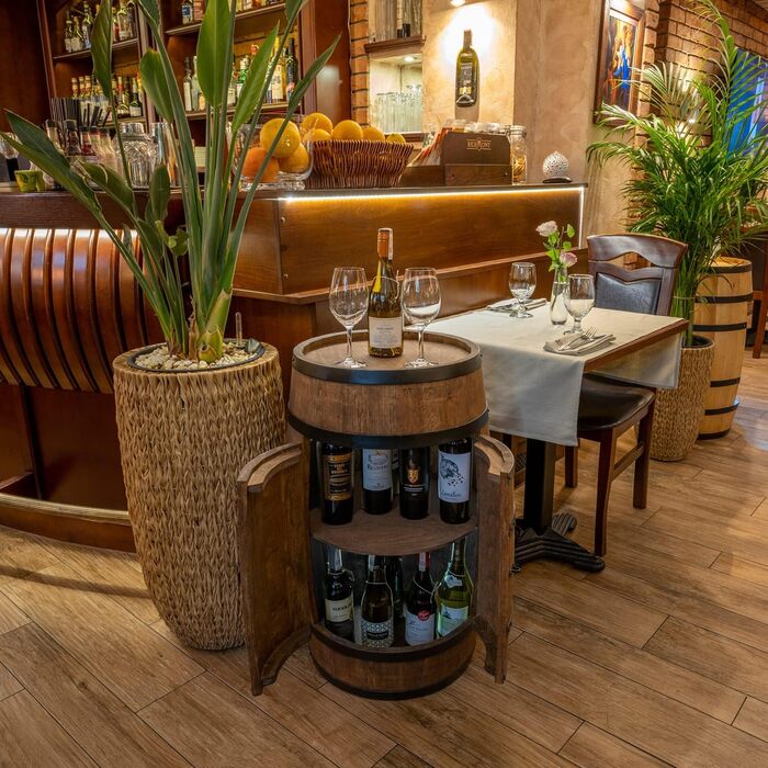 Wine Barrel Stand with Door - Liquor Cabinet, Bottle Rack, Wooden Shelves - Wooden Barrel - Barrel Furniture - Wine Rack - Wine Rack - Wine Bar - Barrel Bar with Door - Barrel Bar Minibar 80cm High (Wenge)