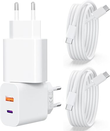 Подвійний зарядний пристрій USB-C 25W з адаптером [2 в 1] 2 шт. для iPhone/iPad/навушників/телефонів. Мережевий адаптер з кількома роз'ємами, PD 3.0, швидка зарядка, білий (з кабелем CC, білий)
