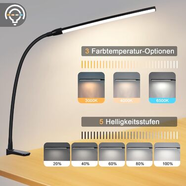 LED лампа для столу Homefire: регульована, чорна, з 3 кольорами та 5 рівнями яскравості, USB, для офісу та навчання