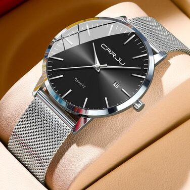 Чоловічий годинник CRRJU - ультратонкий, водонепроникний, з чорним міланською браслетом з нержавіючої сталі, кварцовий, бізнес-стиль