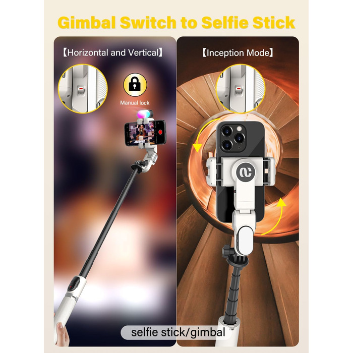 Стабілізатор для телефону AOCHUAN M2Pro, 4-в-1 RGB світло, тримач для смартфона, 108 см, чорний/білий