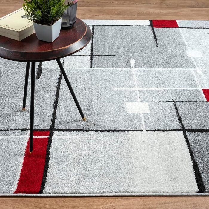 Килим Pearl Moderner Dichter Kurzflor для вітальні та спальні, сірий, 200x280 см, геометричний візерунок, сірий/червоний
