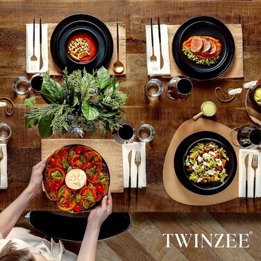 Набір посуду Twinzee Steinzeug чорного кольору (24 предмети) - тарілки, миски, елегантний дизайн, для мікрохвильовки та посудомийної машини