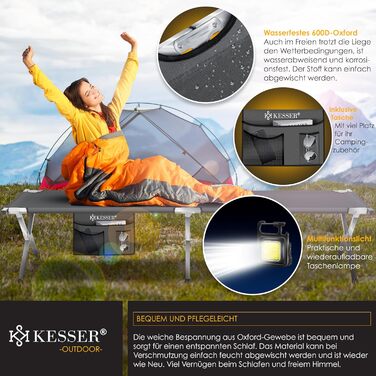Кемпінгове ліжко KESSER® розкладне з сумкою, ліхтарем та бічною кишенею. Стабільне металеве ліжко для відпочинку та подорожей, 150 кг, 190/210 см. Оксфорд 600D.