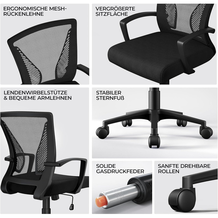 Офісний крісло Yaheetech ергономічне, комп'ютерне з сітчастою спинкою, з підлокітниками, для офісу та дому, чорне, до 136 кг, з регулюванням висоти та функцією гойдання