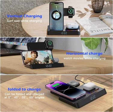 База зарядки 4-в-1 для iPhone та Apple Watch: бездротова зарядка 15W, складна, індуктивна, сумісна з iPhone 16/15/14/13/12/11 Pro SE X XS XR та Apple Watch 9/8/7/6/SE/5/4/3/2, AirPods Pro
