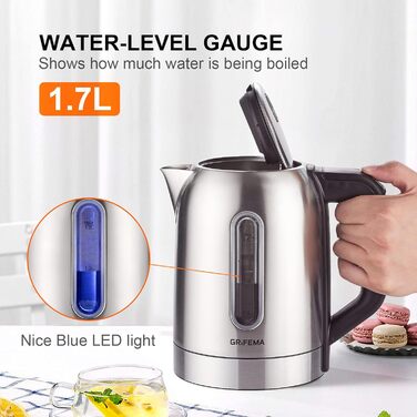 Електричний чайник GRIFEMA 0.8L, 1100W з фільтром від накипу, тихий, швидкий, без BPA, для подорожей, автоматичне відключення, захист від перегріву, білий (нержавіюча сталь 1.7L)