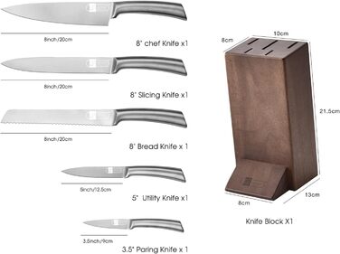 Набір кухонних ножів JF JAMES.F з дерев'яним блоком, 5 предметів: гострі ножі з нержавіючої сталі, ергономічні, для кухні, кухонний набір, подарунок