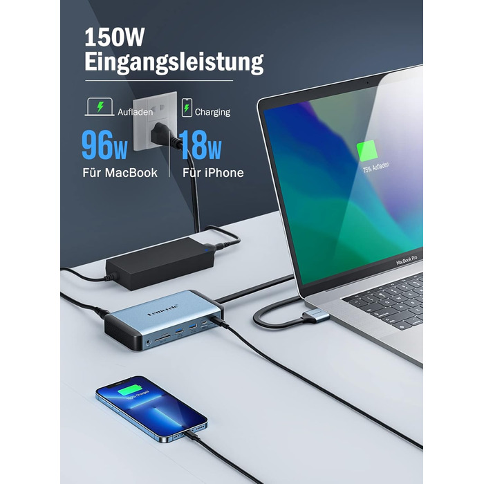 Док-станція USB-C 12 в 1: 3 монітори, HDMI, VGA, Ethernet, USB 3.0, PD 100W, SD/TF, AUX для Windows/Mac/Dell/HP