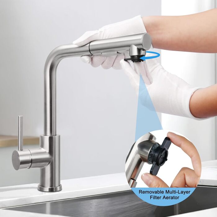 Кухонний змішувач висувний BONADE з душем, 360° поворот, змішувач для кухні з 2 струменями, з нержавіючої сталі, однорідний