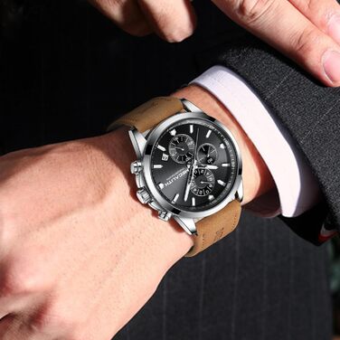 Чоловічий годинник MEGALITH з нержавіючої сталі, хронограф, водонепроникний, великий аналоговий годинник для бізнес-стилю, з календарем та світловим покриттям, коричневий/срібний