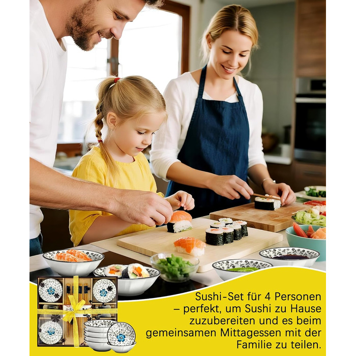 Набір для суші на 4 особи, 12 шт. з кераміки, круглий, з візерунком квітки сливи. Ідеальний подарунок на свята.