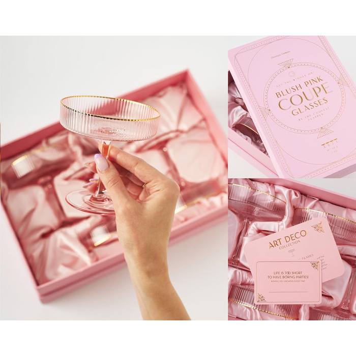 Набір келихів Art Deco з вишуканим рожевим кольором та золотим обідком (4 шт, 200 мл) | Для шампанського, коктейлів (Espresso Martini, Cosmopolitan, Daiquiri) | Скляні чаші для бару Speakeasy