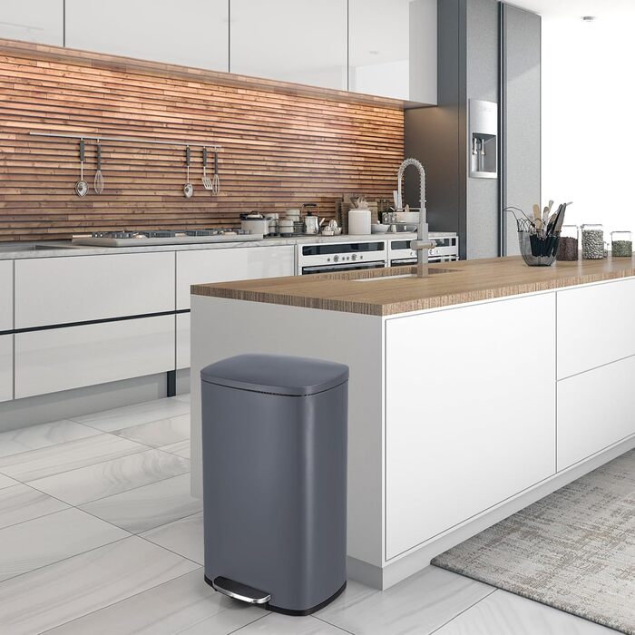 Відро для сміття LIFERUN 30л з кришкою, з м'яким закриттям, сталеве, з внутрішнім відром, для кухні, ванної кімнати, офісу (L-50L, сірий)