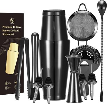 Набір шейкерів для коктейлів YXT&BEYOND Premium, 12 шт., нержавіюча сталь 304, чорний, для дому та барів, з подарунковою коробкою