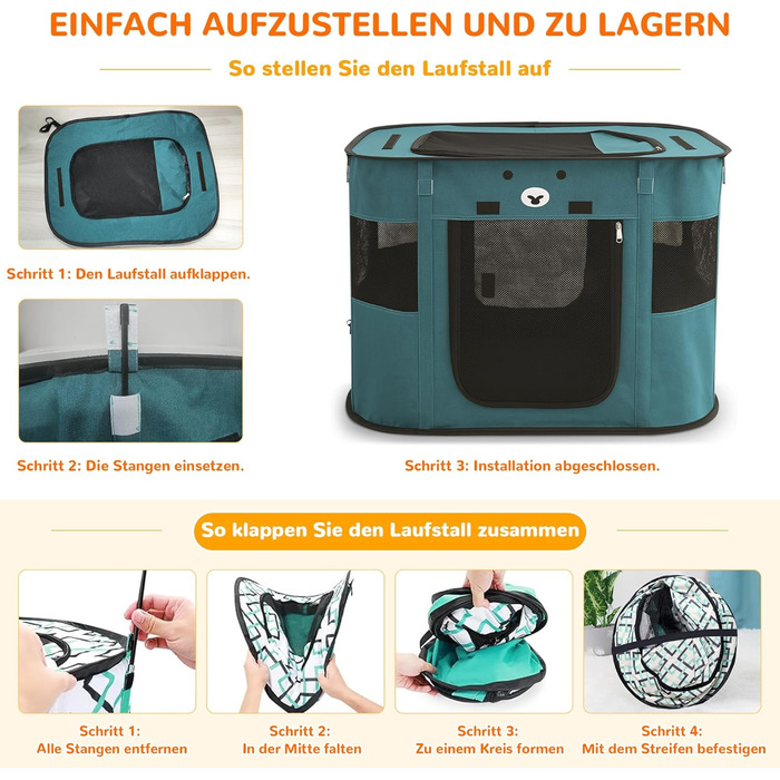 ALLSOPETS Розкладний вольєр для цуценят/собак/кішок, переносна собача будка/загорода, переносна клітка для собак, для дому, вулиці, подорожей, з сумкою (Колір: Edelsteinblau, XXL)