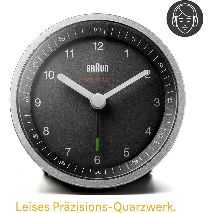 Braun Classic Analog Radio Alarm Clock, Central European Time Zone (CET/GMT+1) with Snooze Function and Illumination, Silent Movement, Crescendo Alarm, Black and Silver, Model BC07SB-DCF.