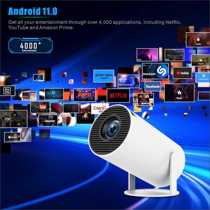 Міні-проектор Video-Beamer 4K/1080p Full HD з WiFi 6, BT5.2 та автоматичною корекцією трапецеїдальних спотворень. Сумісний з Android, Netflix, HDMI, USB, PS5. Ідеальний для домашнього кінотеатру.
