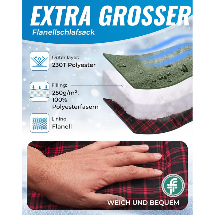 Сплячий мішок KingCamp XXL з бавовни фланель для дорослих, великий розмір, теплий, зимовий, для кемпінгу, подорожей та активностей на природі, 4-сезонний, 220x100 см, класичний оливковий колір