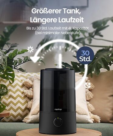 Зволожувач повітря Raydrop для спальні та дитячої кімнати, 1,7 л. Тихий, компактний ультразвуковий зволожувач для дитячої та рослин, просте керування та легке очищення, автоматичне вимкнення, 1,7 л, білий (4,0 л, чорний)