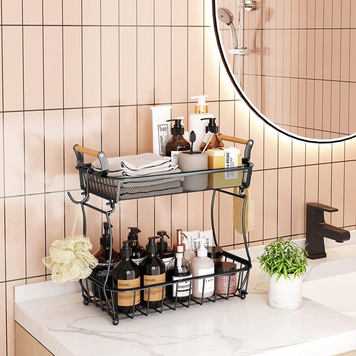 3-Tier Fruit Basket with 2 Banana Hangers for Kitchen Countertop, Vegetable Countertop, Storage Holder, Large Capacity, Metal Wire, Fruit Stand, Organizer for Onion, Snack, Black (Black-2 Tiers (with Banana Hangers))