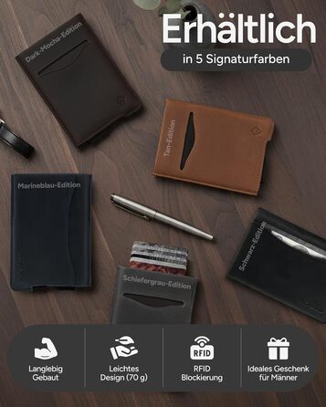 Криза картковий з RFID захистом та подарунковою коробкою – Мінімалістичний гаманець для чоловіків – Компактний портмоне з безконтактним захистом (Alpha Collection) (13. Світло-коричнева шкіряна випуск)