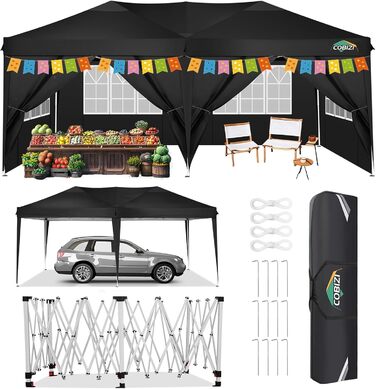 COBIZI Pavilion 3x3 Waterproof Folding Pavilion with 4 Side Panels, Outdoor Folding Pavilion, Stable UV Protection 50+, Pop-Up Garden Pavilion, Party Tent for Outdoors, Garden, Party, Wedding, Market (Black, 3x6m)