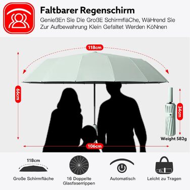 Стійкий до вітру парасолька: компактний складаний парасолька-тростина з 16 ребрами, покриття Teflon 210T, захист від УФ-променів (Aqua)