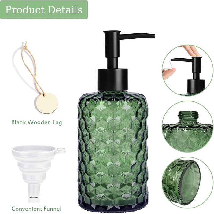 Скляний дозатор для мила 500 мл з хвильовим дизайном для ванної кімнати та кухні, з чорною пластиковою помпою, дерев'яними етикетками та воронкою (вугільний колір, зелений)