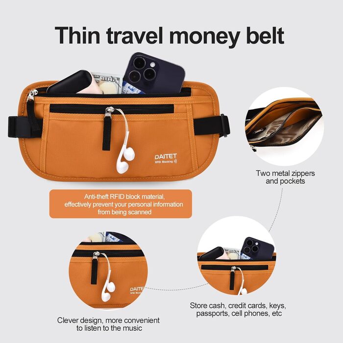RFID-захисний чоловічий/жіночий пояс-сумка для грошей. Компактний, для подорожей та спорту. Ширина ремінця: 3.7 см (колір: коричневий/помаранчевий)
