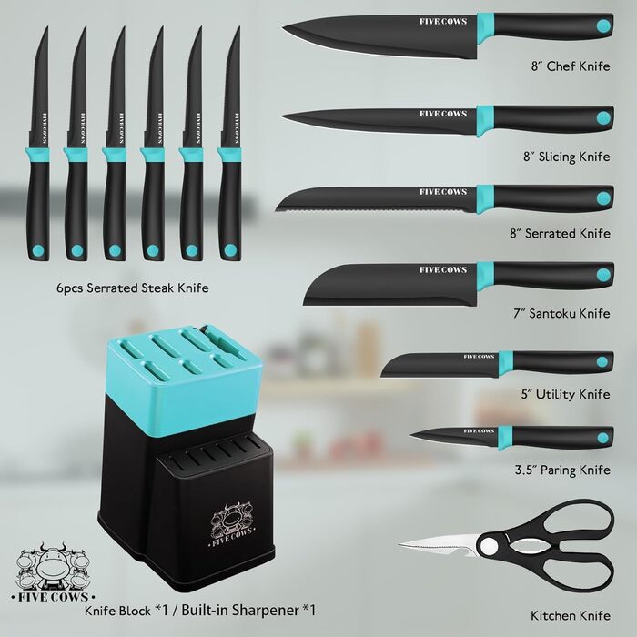 Набір кухонних ножів FIVE COWS (14 предметів) з автоматичним точильним, з ножем для стейку та ножицями, антиокислювальне покриття, професійний набір для дому (зелений)