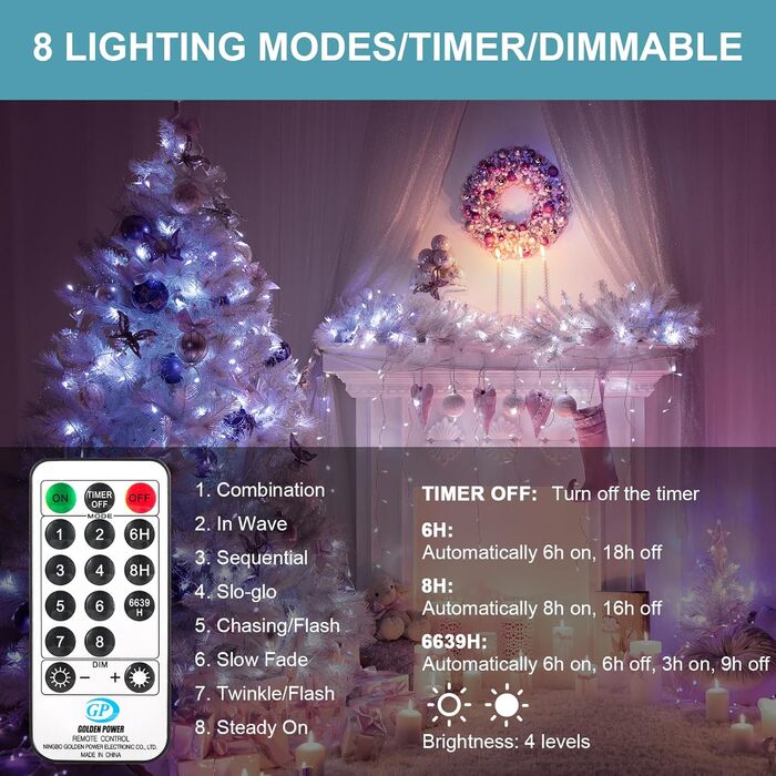 LED гірлянда світлодіодна, 23м, 200 LED, на батарейках, з таймером, 8 режимів, для дому та саду, на Різдво, Великдень, вечірку, декорування (1 шт, холодне біле світло)