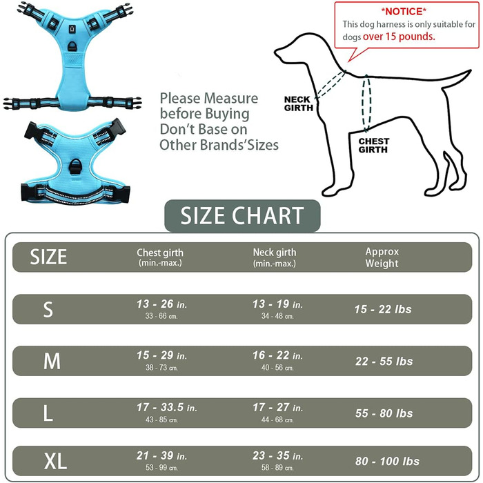 Нашийник для собак No-Pull, м'який, дихаючий, регульований, зі світловідбиваючими елементами, анти-тяга, з ручкою, зелений (XL, блакитний)