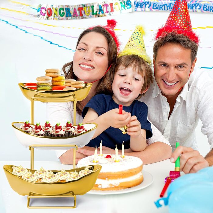 Керамічна фруктова ваза на стільницю, 3-ярусна, з металевим каркасом, золота