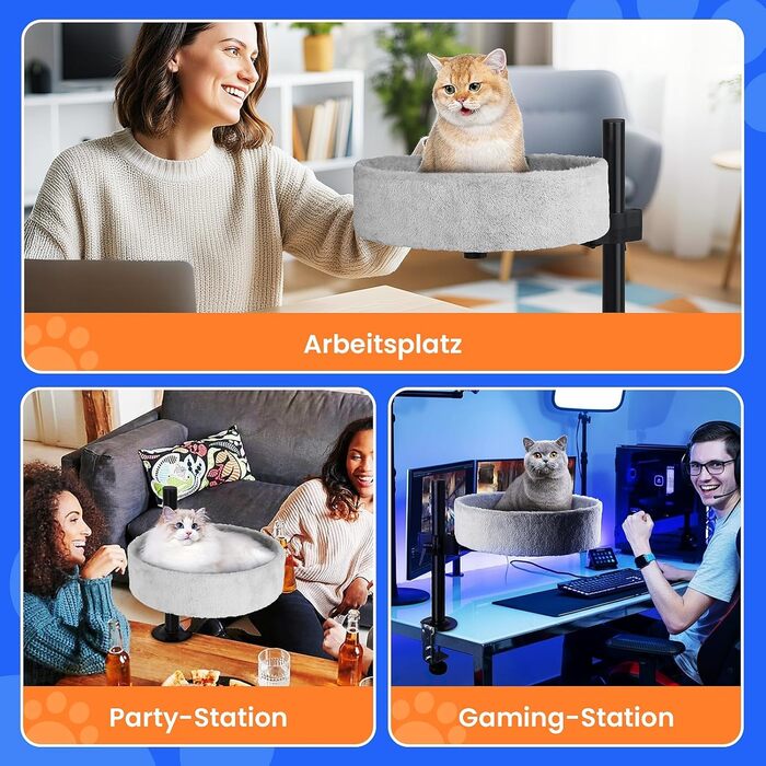 BSWAY Крісло-гніздо для кота на стіл - Покращена 360° обертання, регульована висота, без свердління. Підвищене котяче ліжко над столом. Тримає кошеня/кота близько, робочий простір вільний. Крісло-ліжко для кота на стіл (Сірий, XL)