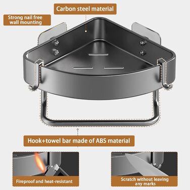 Поличка для душу з 2 рівнями, кутова, без свердління, з нержавіючої сталі, з тримачем для рушників та 2 гачками, чорна, для ванної, кухні, туалету