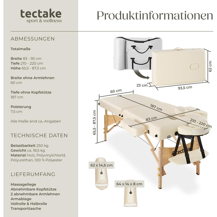 Масажне ліжко Tectake 2 зони, складане, з 7,5 см підкладкою, мобільне, з підголівником та підлокітниками, масажна банка з дерев'яними ніжками, 2 ролики, сумка для перенесення - бежеве