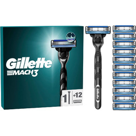 Бритва Gillette Mach 3 Standard для чоловіків, металевий корпус, сіро-чорна (бритва + 12 змінних касет)